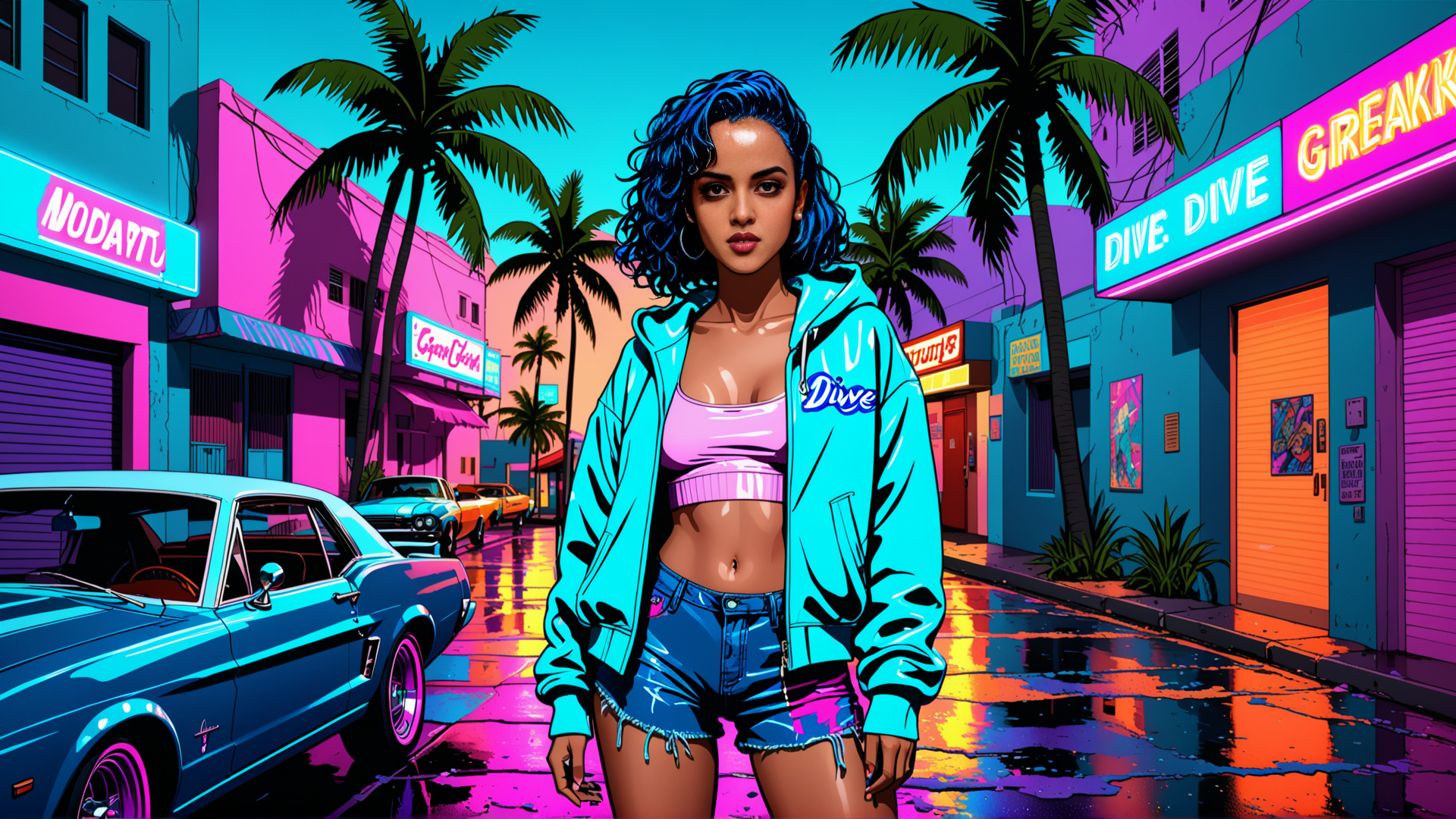 AI generated wallpaper featuring woman, palm tree, car