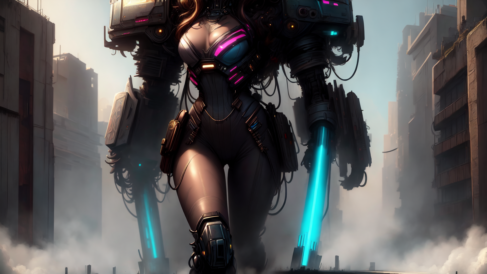 AI generated wallpaper featuring cyborg, robot, woman, cityscape, mech