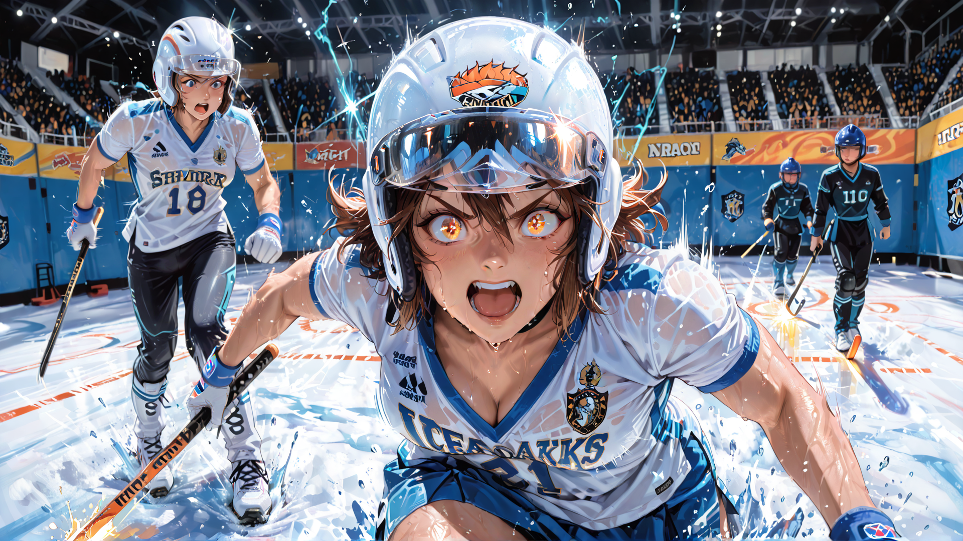 AI generated wallpaper featuring ice hockey player, hockey stick, helmet, uniform, rink, audience, sports arena