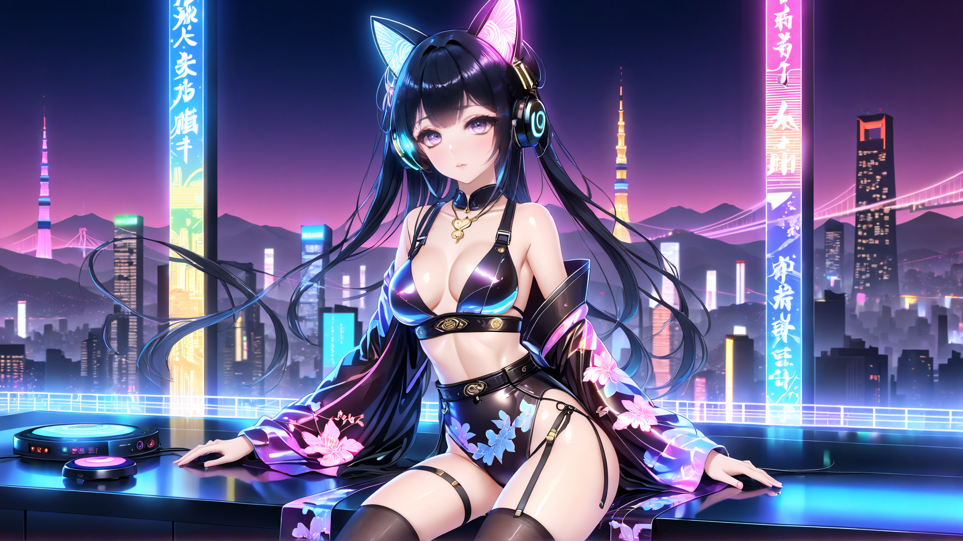 AI generated wallpaper featuring anime girl, cat ears, headphones