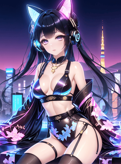 anime girl, cat ears, headphones
