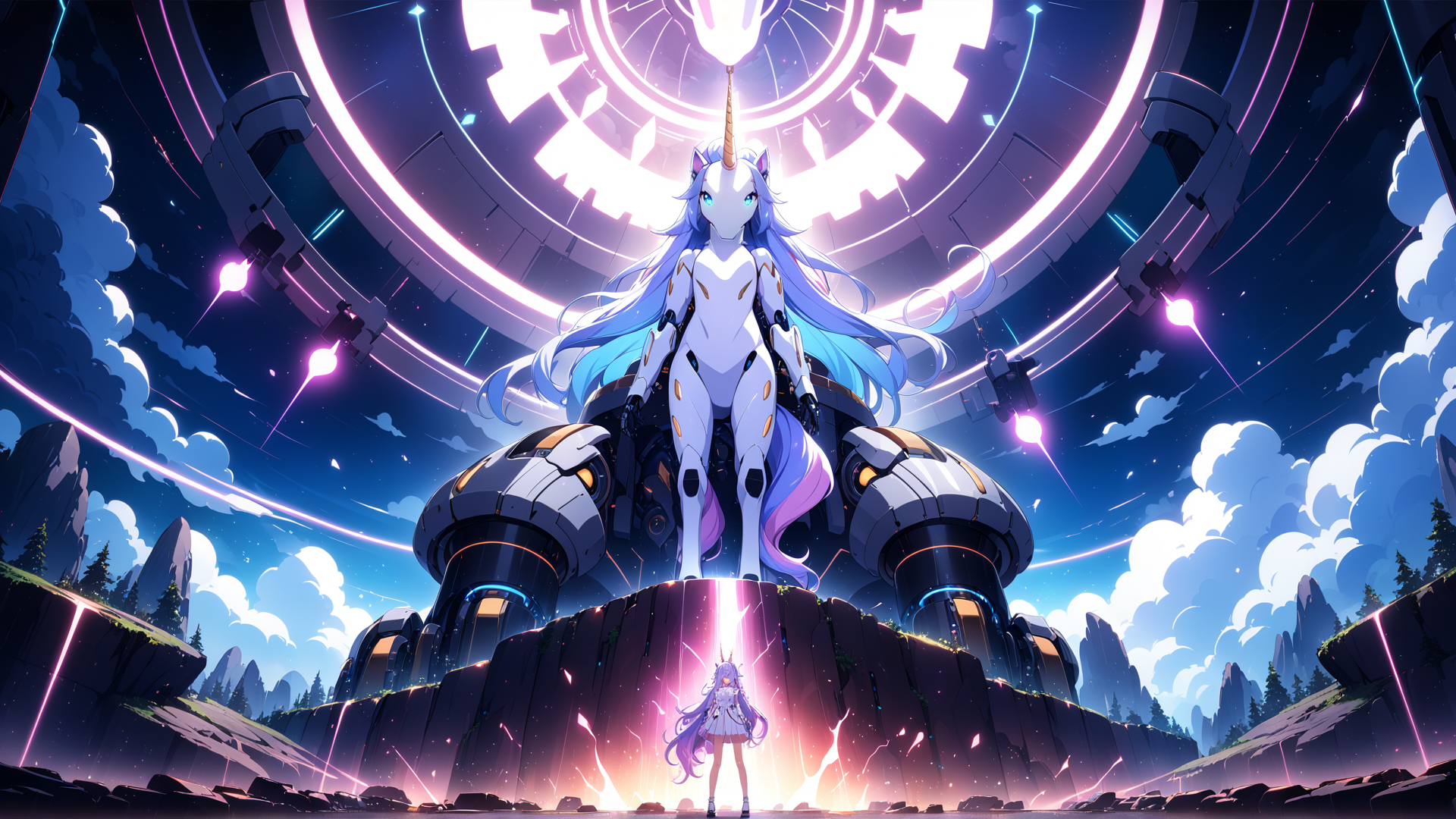 AI generated wallpaper featuring unicorn, robot, girl