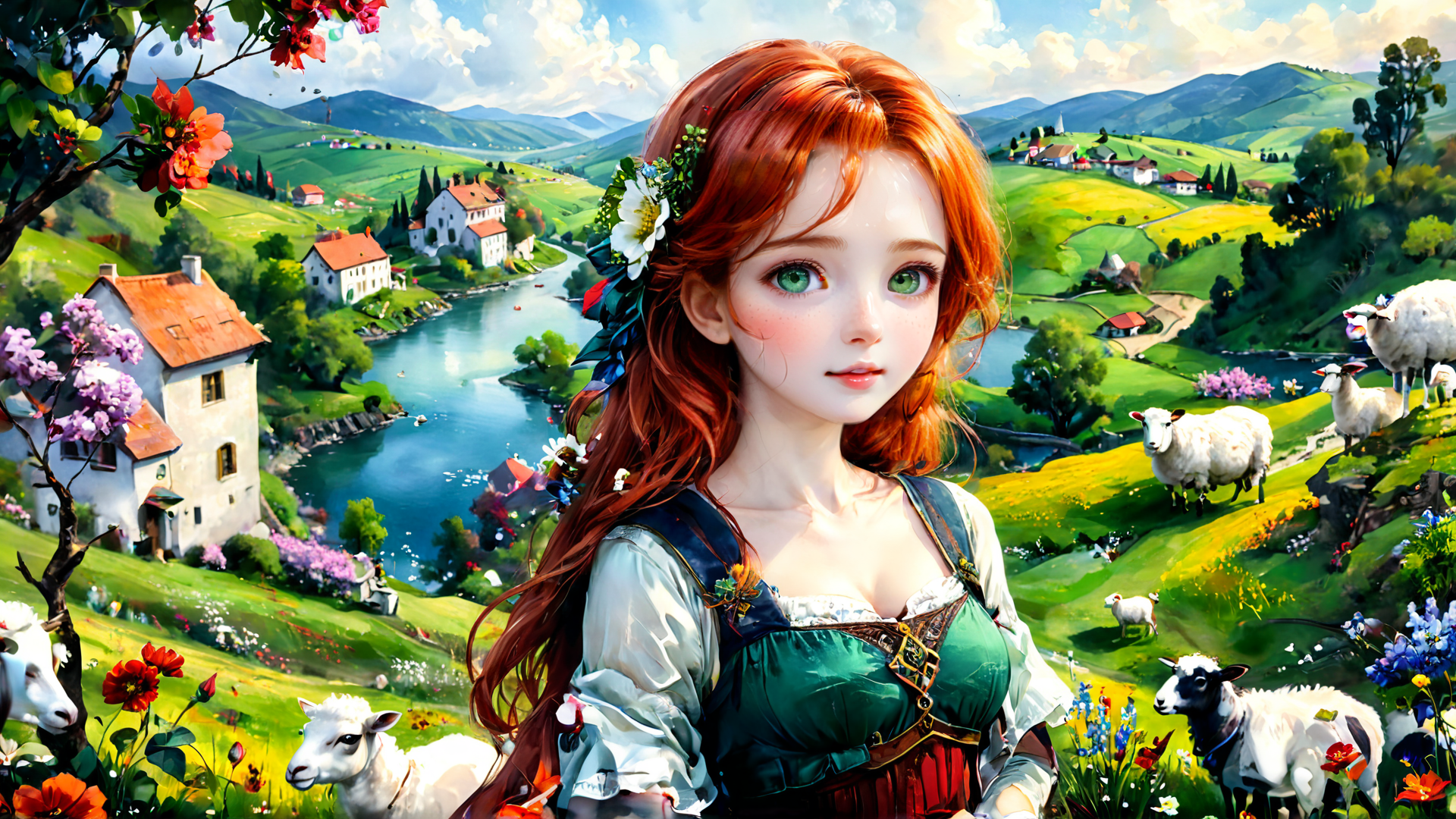 AI generated wallpaper featuring girl, sheep, landscape