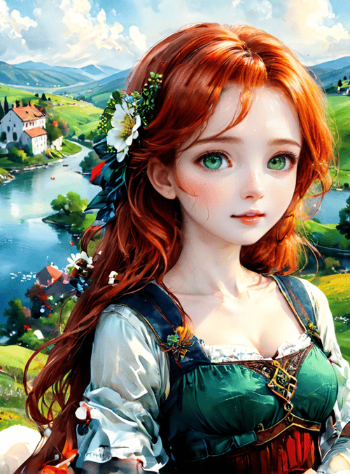 girl, sheep, landscape