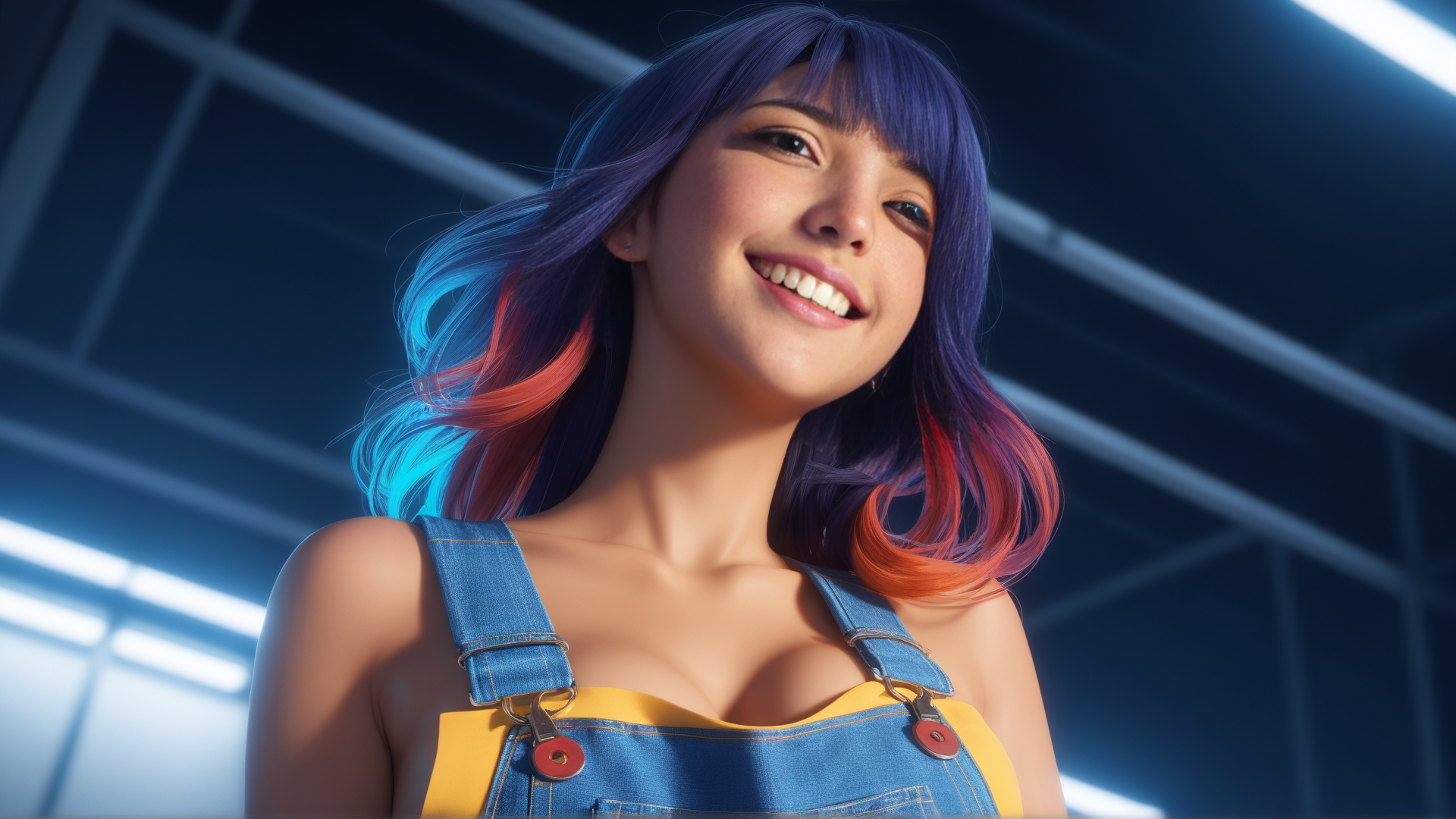 AI generated wallpaper featuring woman, hair, overalls