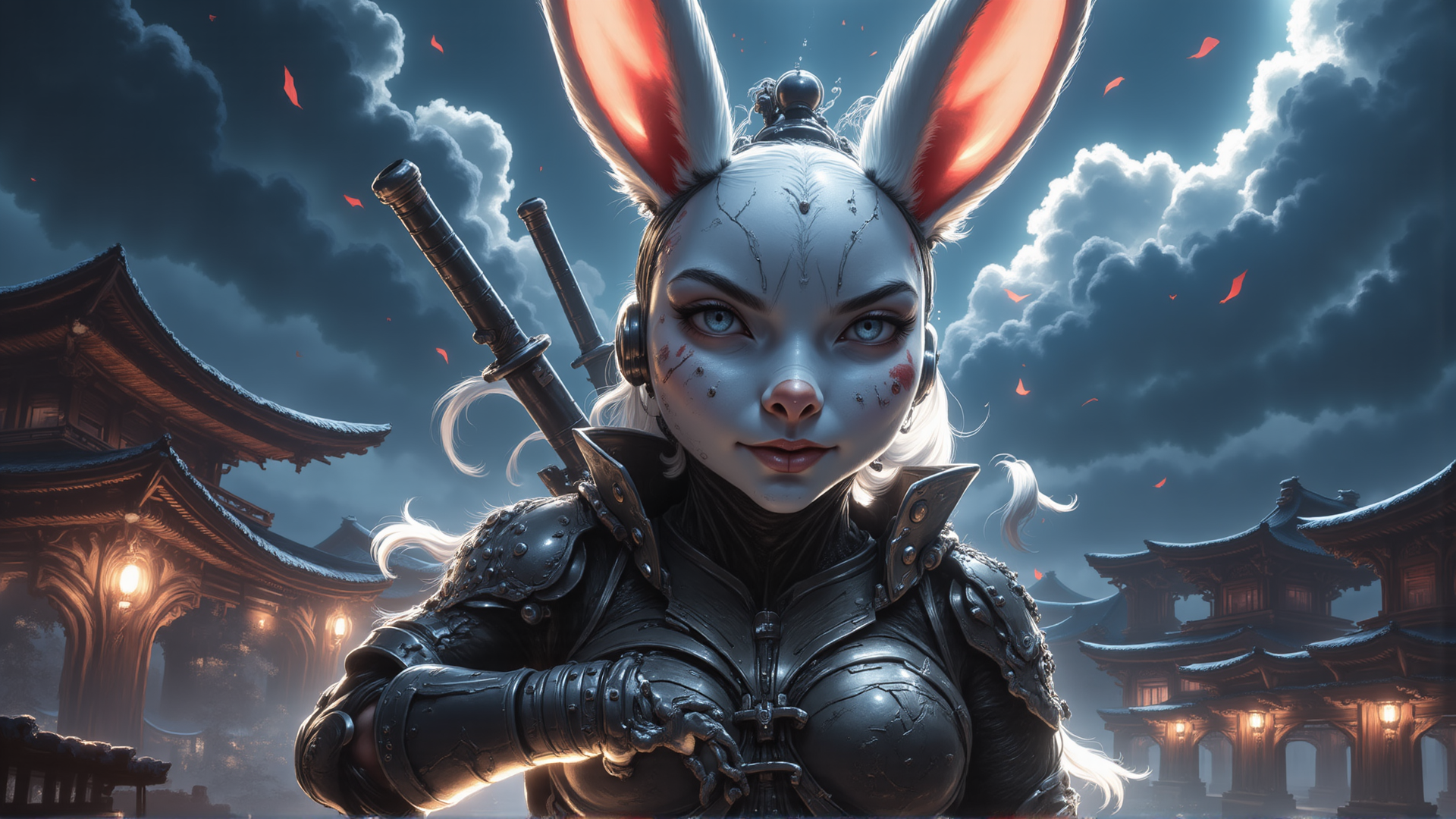 AI generated wallpaper featuring rabbit, warrior, swords, armor, building, ears, gloves, hair, nose, spear