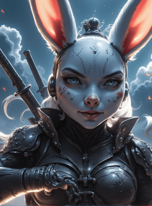 rabbit, warrior, swords, armor, building, ears, gloves, hair, nose, spear