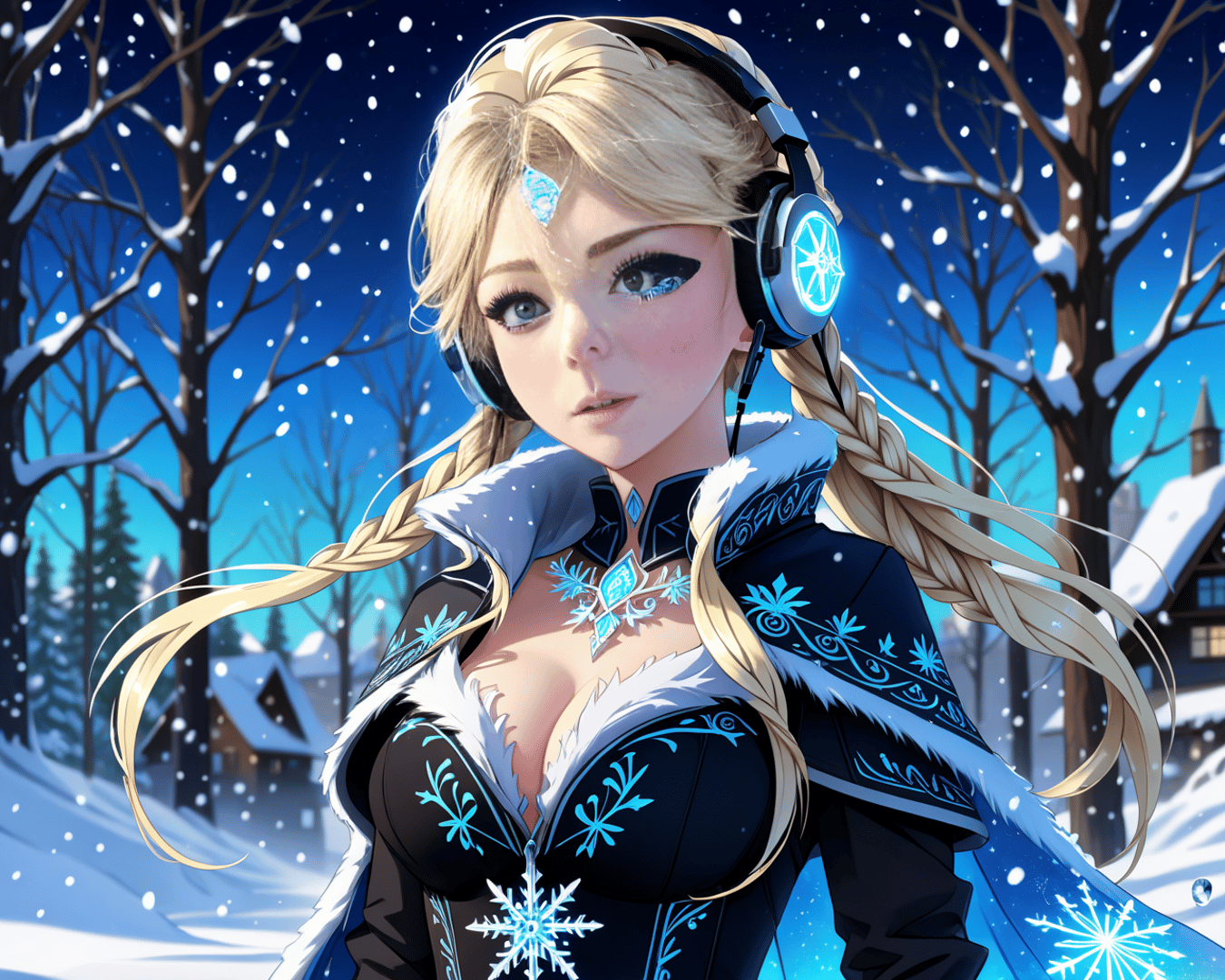 AI generated wallpaper featuring frozen character, blonde braided hair, headphones