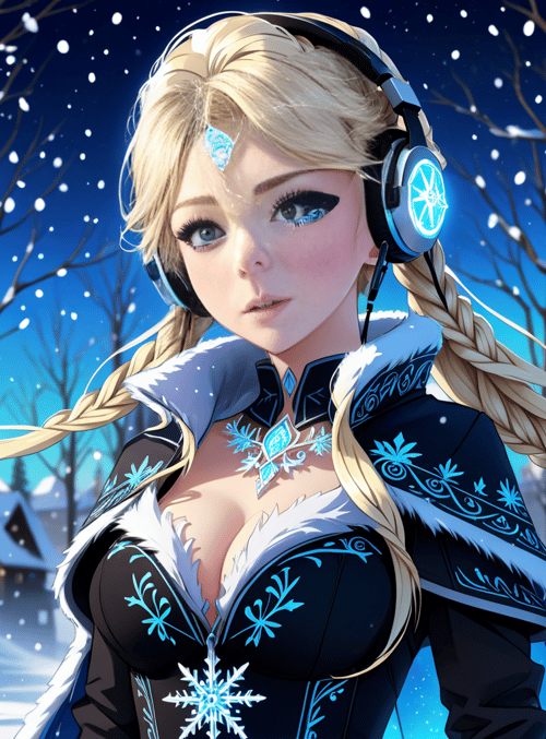 frozen character, blonde braided hair, headphones