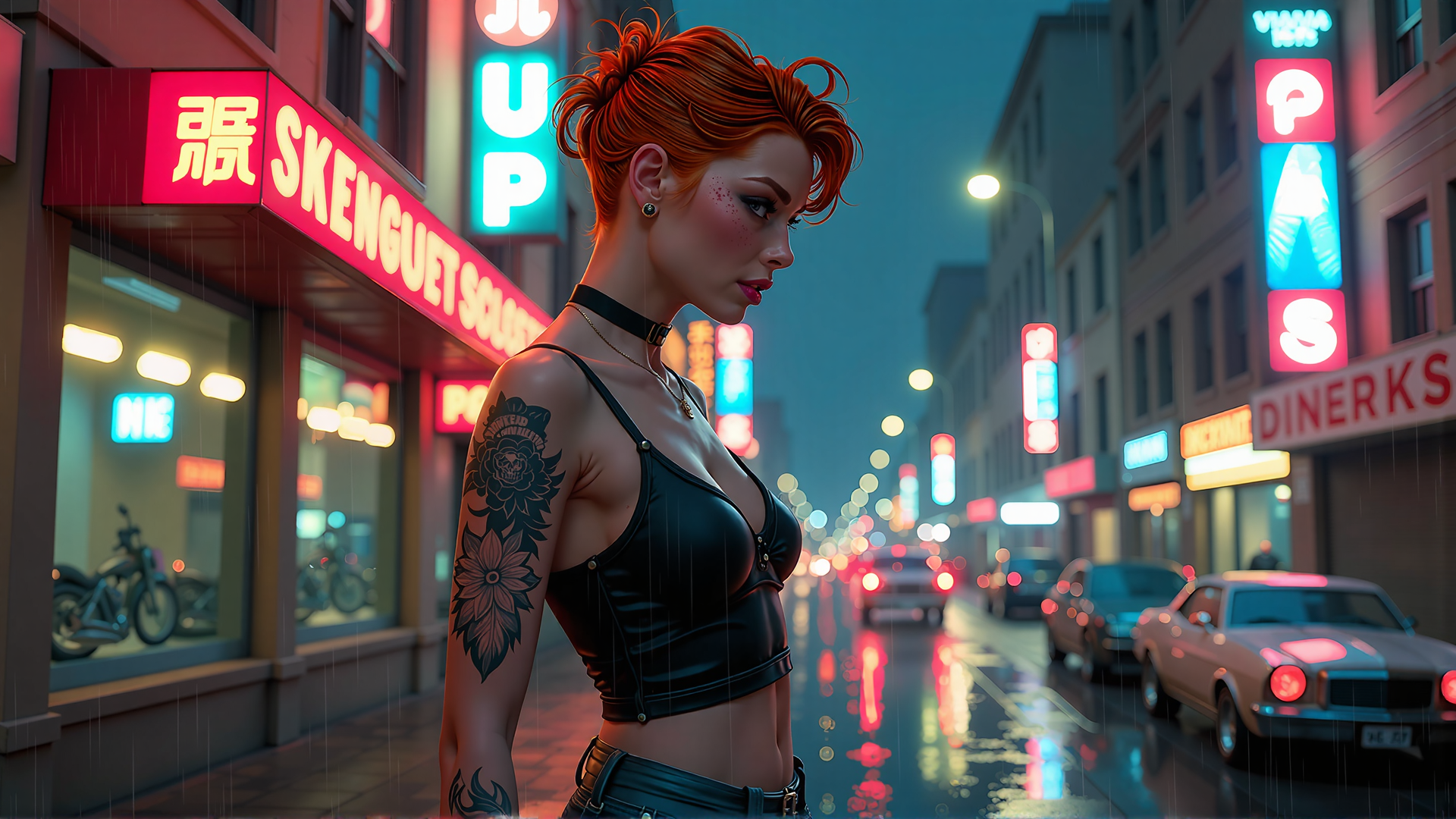 AI generated wallpaper featuring woman, tattoo, neon lights, rain, city street, car