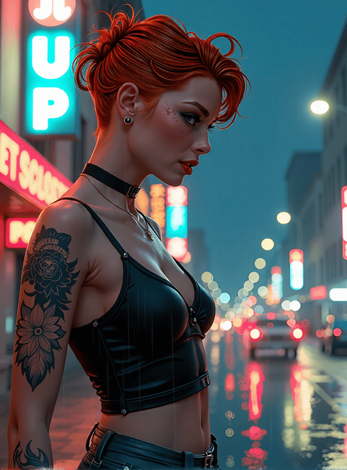 woman, tattoo, neon lights, rain, city street, car