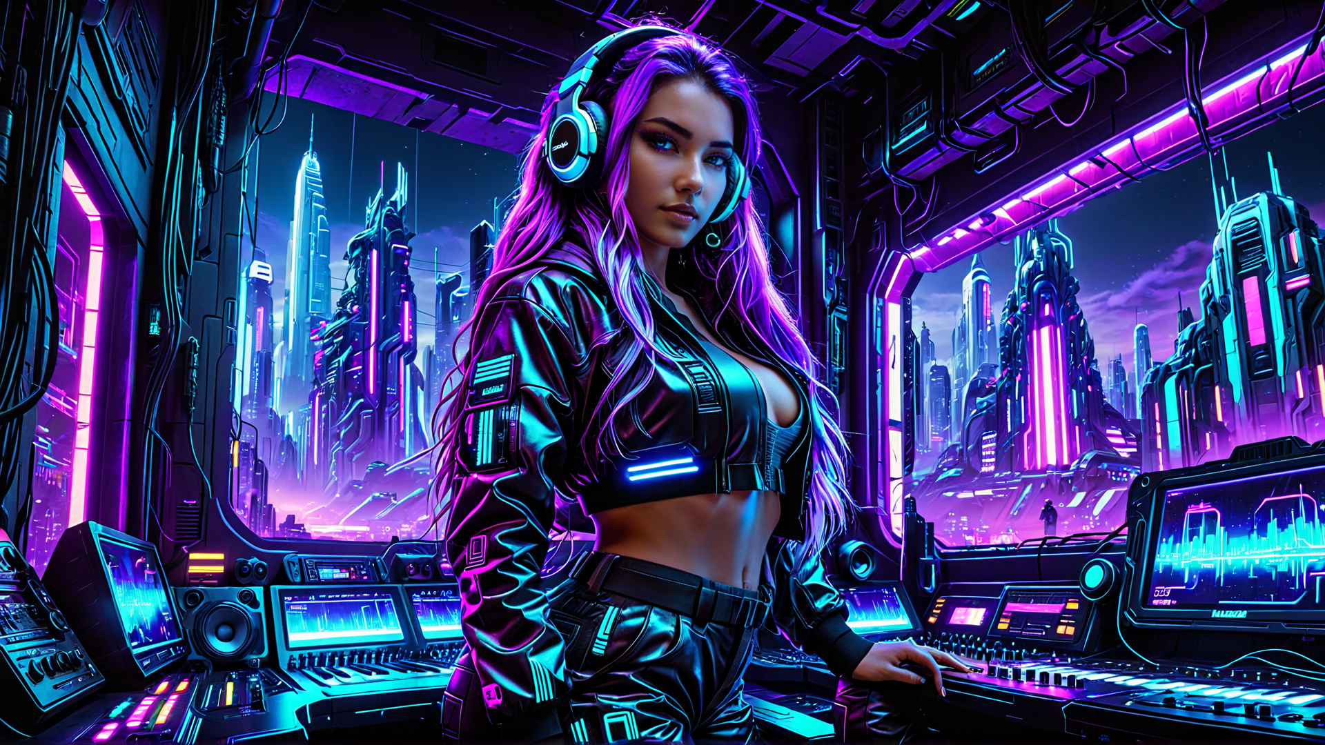 AI generated wallpaper featuring woman, cyberpunk, musician