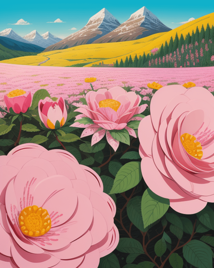 AI generated wallpaper featuring flowers, mountains, field