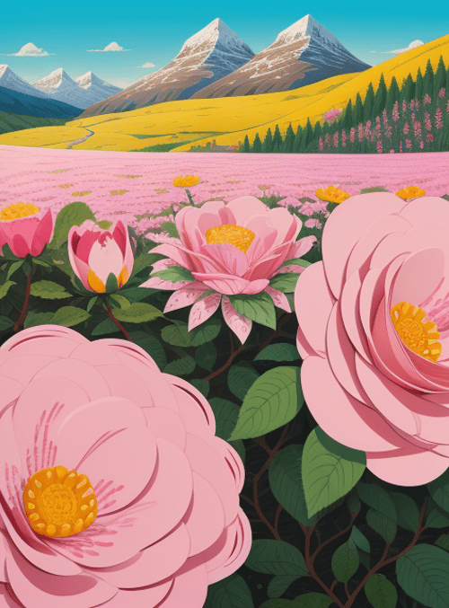 flowers, mountains, field