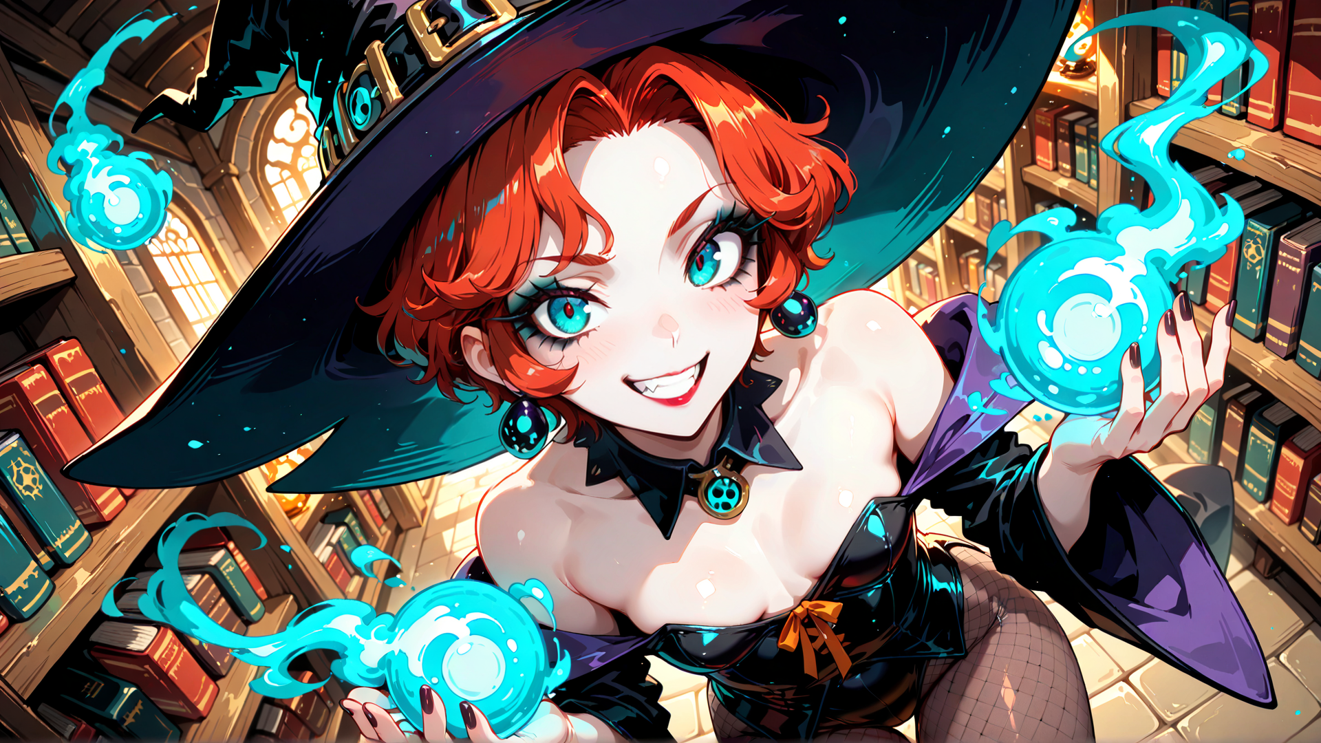 AI generated wallpaper featuring witch, books, crystal balls, hat, earrings, choker