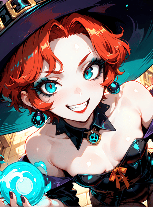 witch, books, crystal balls, hat, earrings, choker