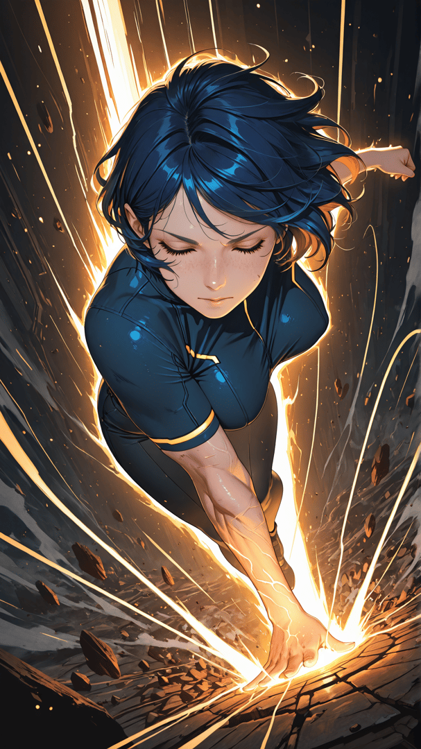 AI generated wallpaper featuring woman, superhero, fire, energy, rock