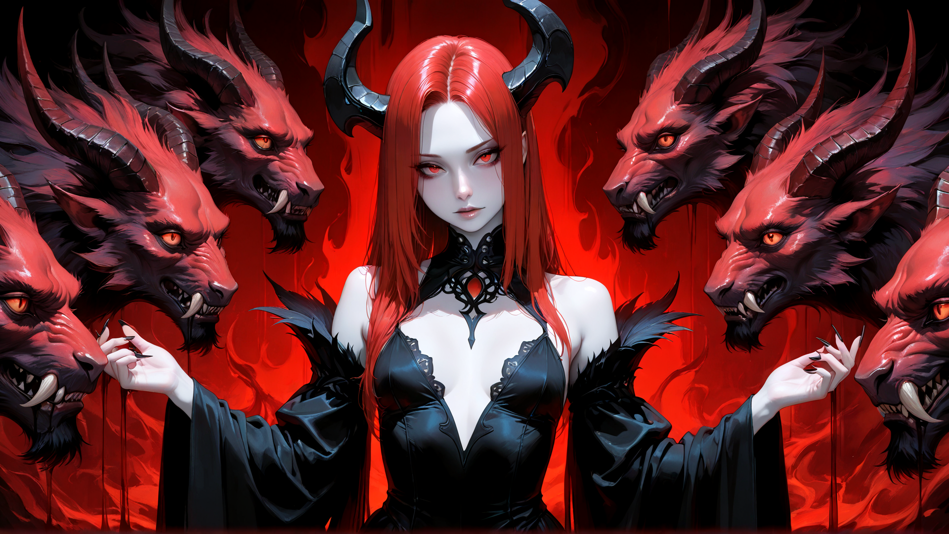 AI generated wallpaper featuring woman, demons, red hair, black dress, bull horns