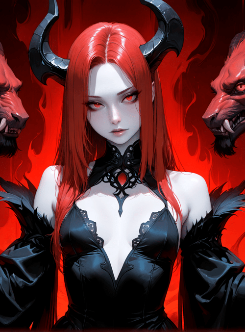 woman, demons, red hair, black dress, bull horns