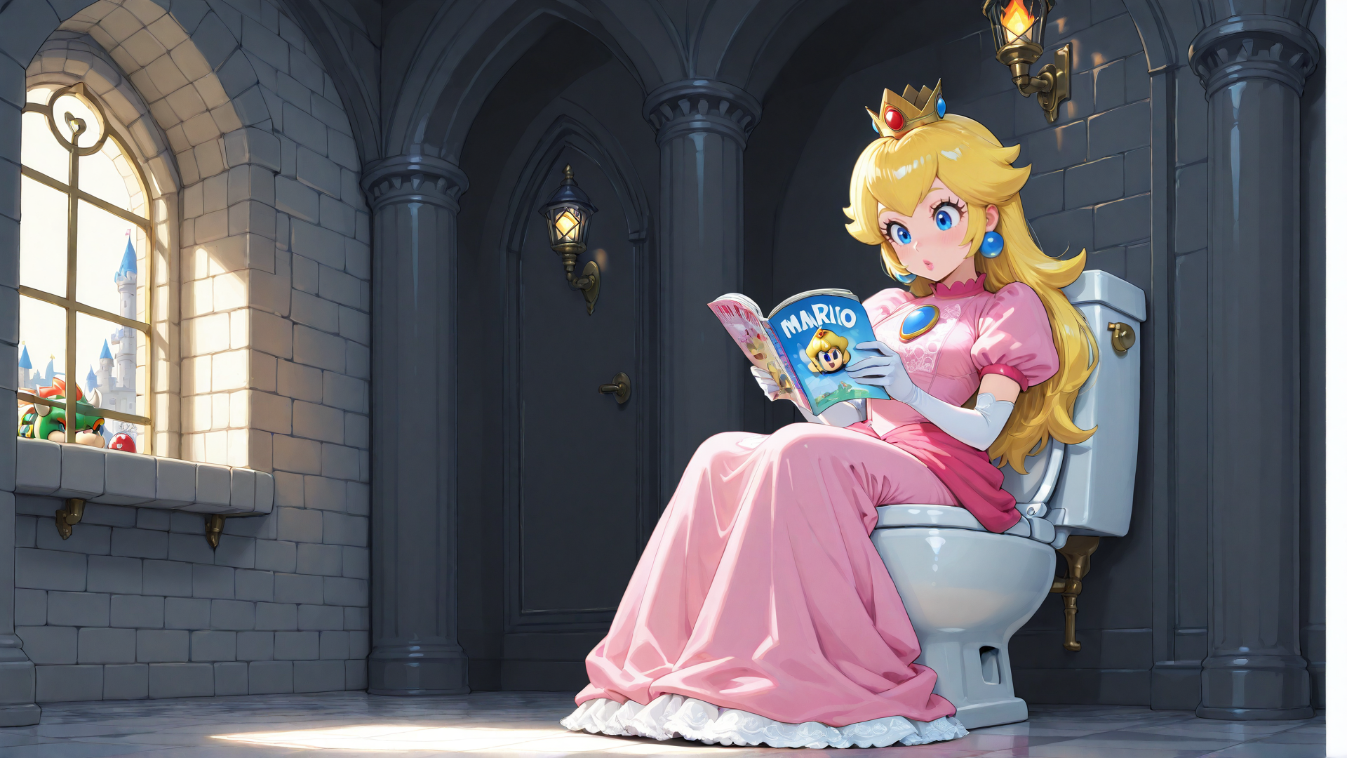 AI generated wallpaper featuring princess peach, book, toilet, castle, window, castle window, mario book, gloves, crown, long hair
