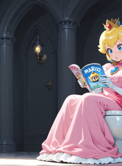 princess peach, book, toilet, castle, window, castle window, mario book, gloves, crown, long hair
