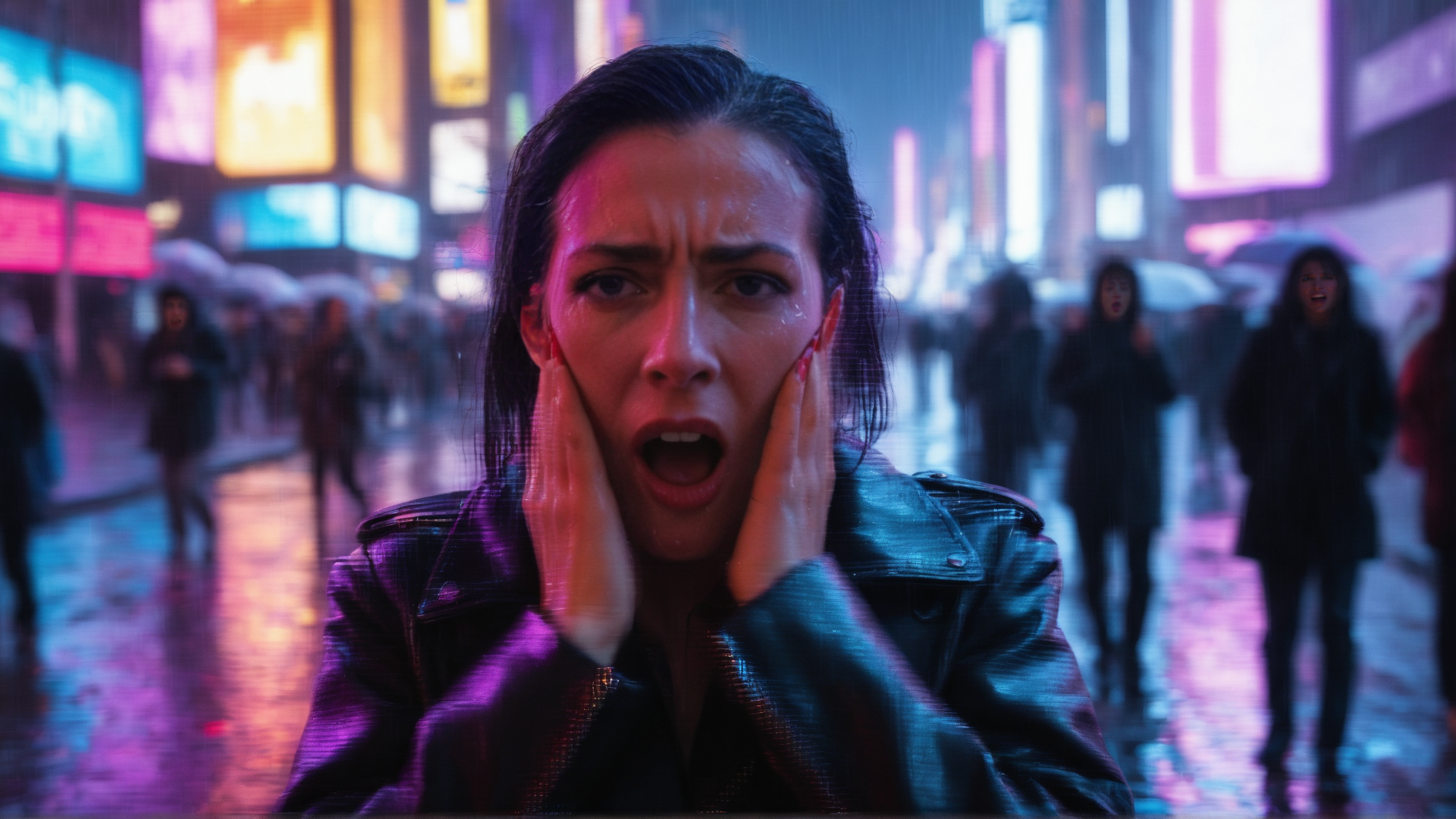 AI generated wallpaper featuring woman, city, crowd