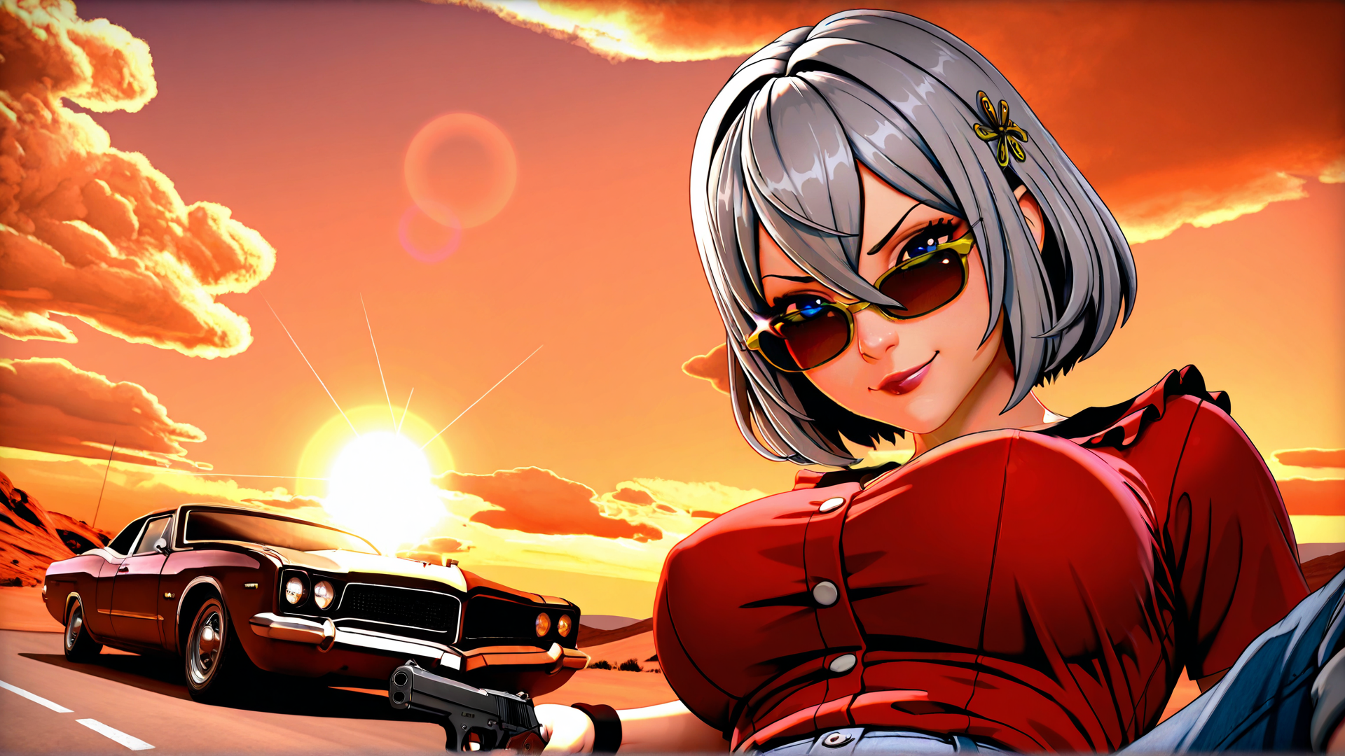 AI generated wallpaper featuring woman, car, gun, sunset, clouds