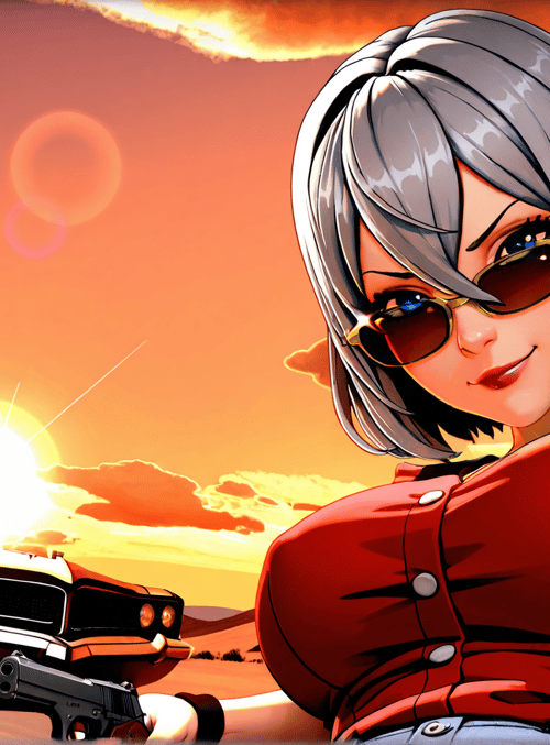 woman, car, gun, sunset, clouds