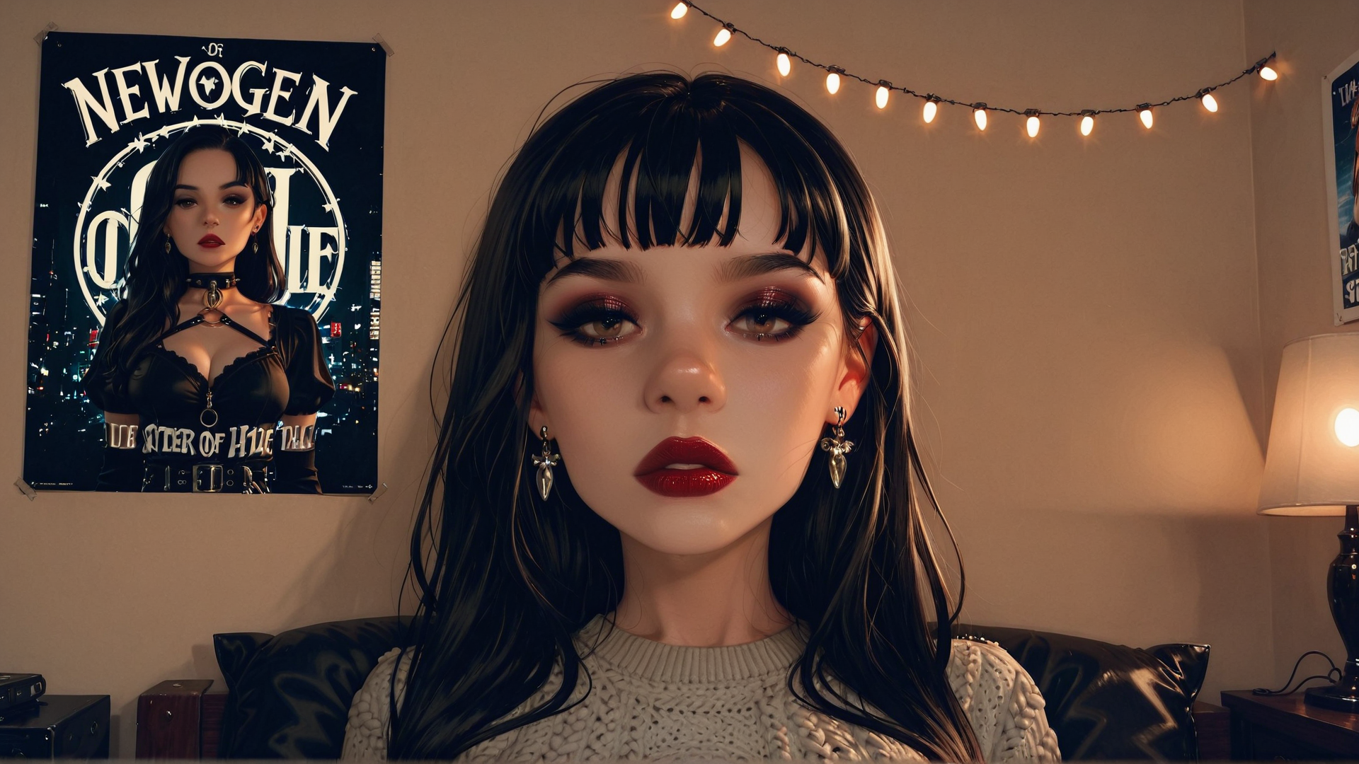 AI generated wallpaper featuring woman, poster, string lights, lamp, sofa, earrings, sweater, choker, hair, cityscape