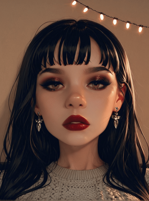 woman, poster, string lights, lamp, sofa, earrings, sweater, choker, hair, cityscape