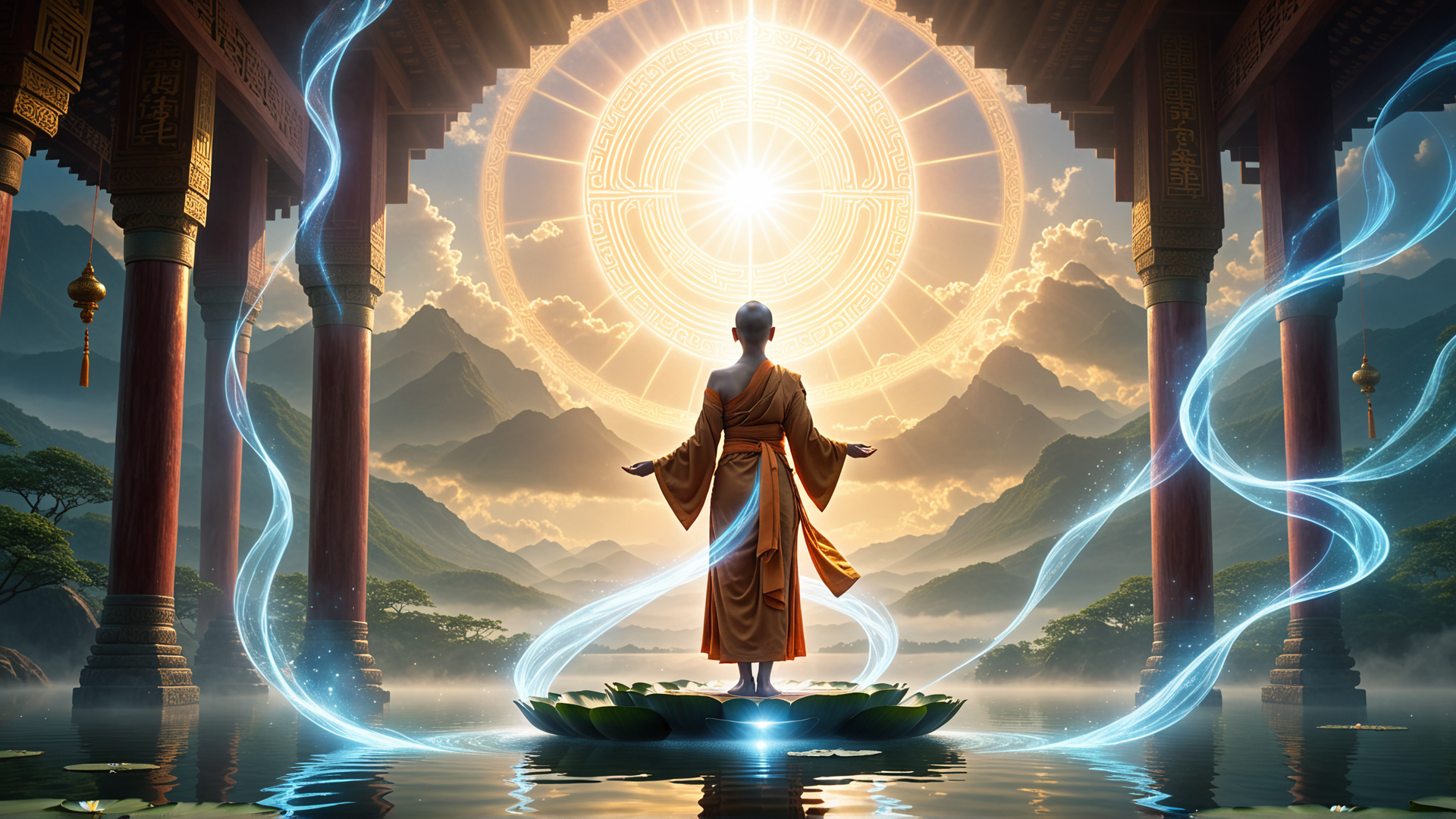 AI generated wallpaper featuring monk, lotus, mandala