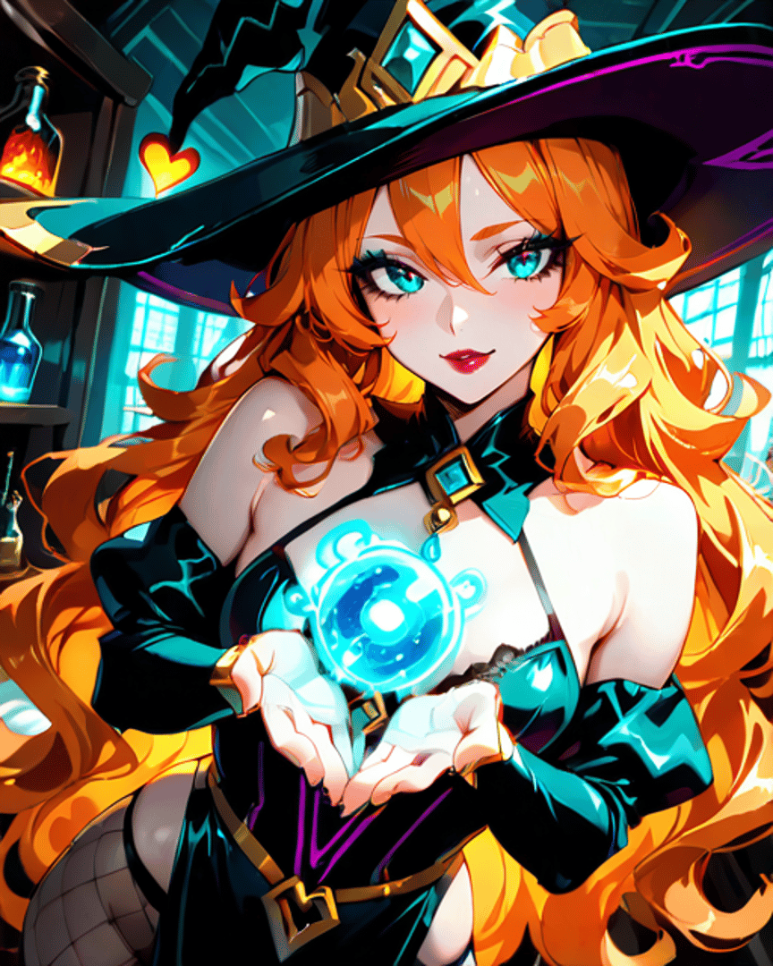 AI generated wallpaper featuring witch, woman, magic, bottle, heart