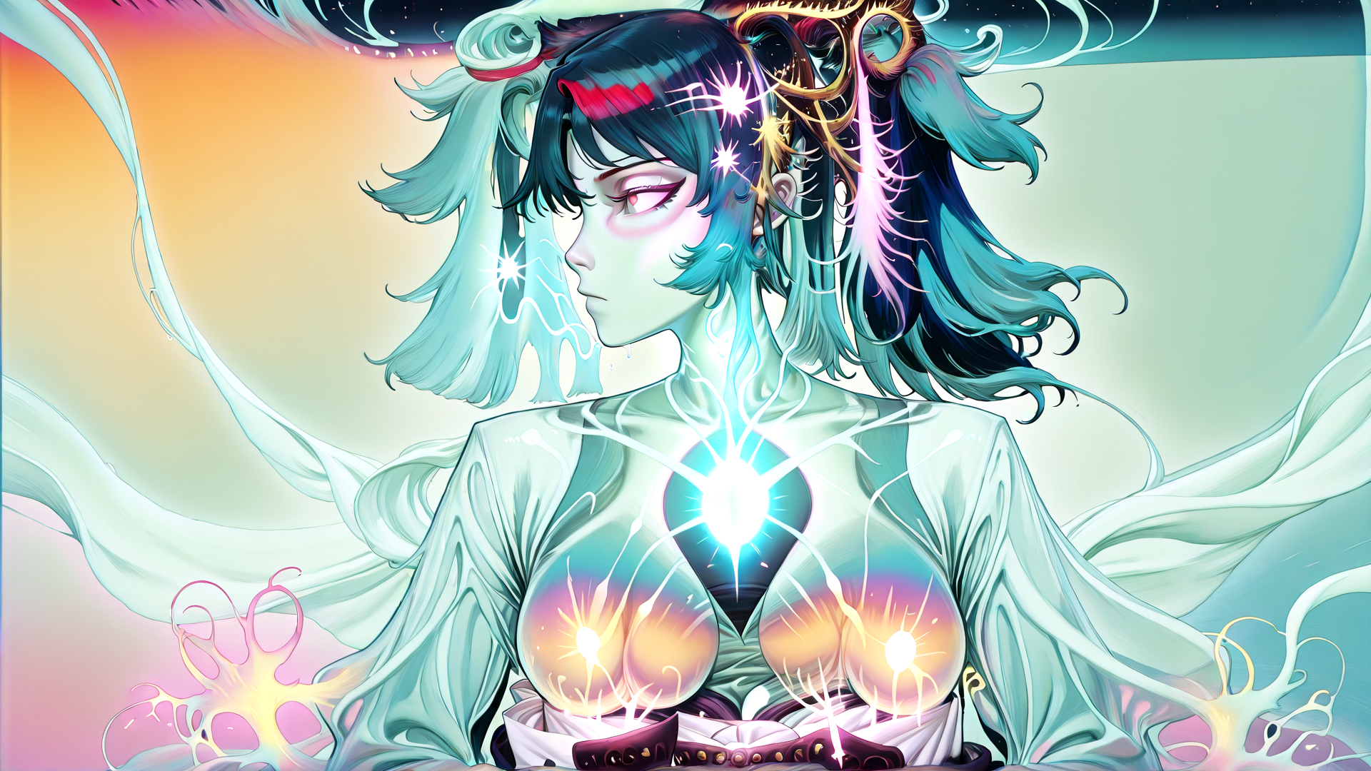 AI generated wallpaper featuring femme, anime, glowing, surreal, character