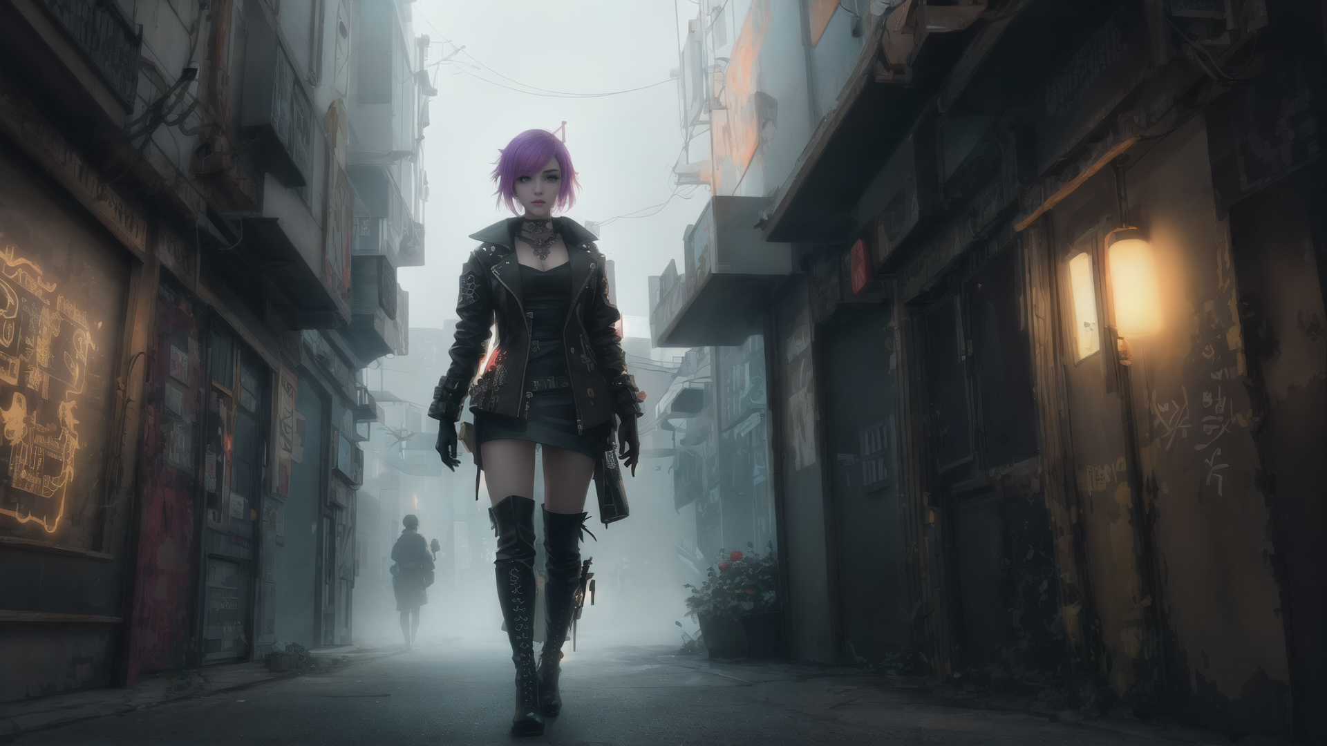 AI generated wallpaper featuring woman, street, futuristic