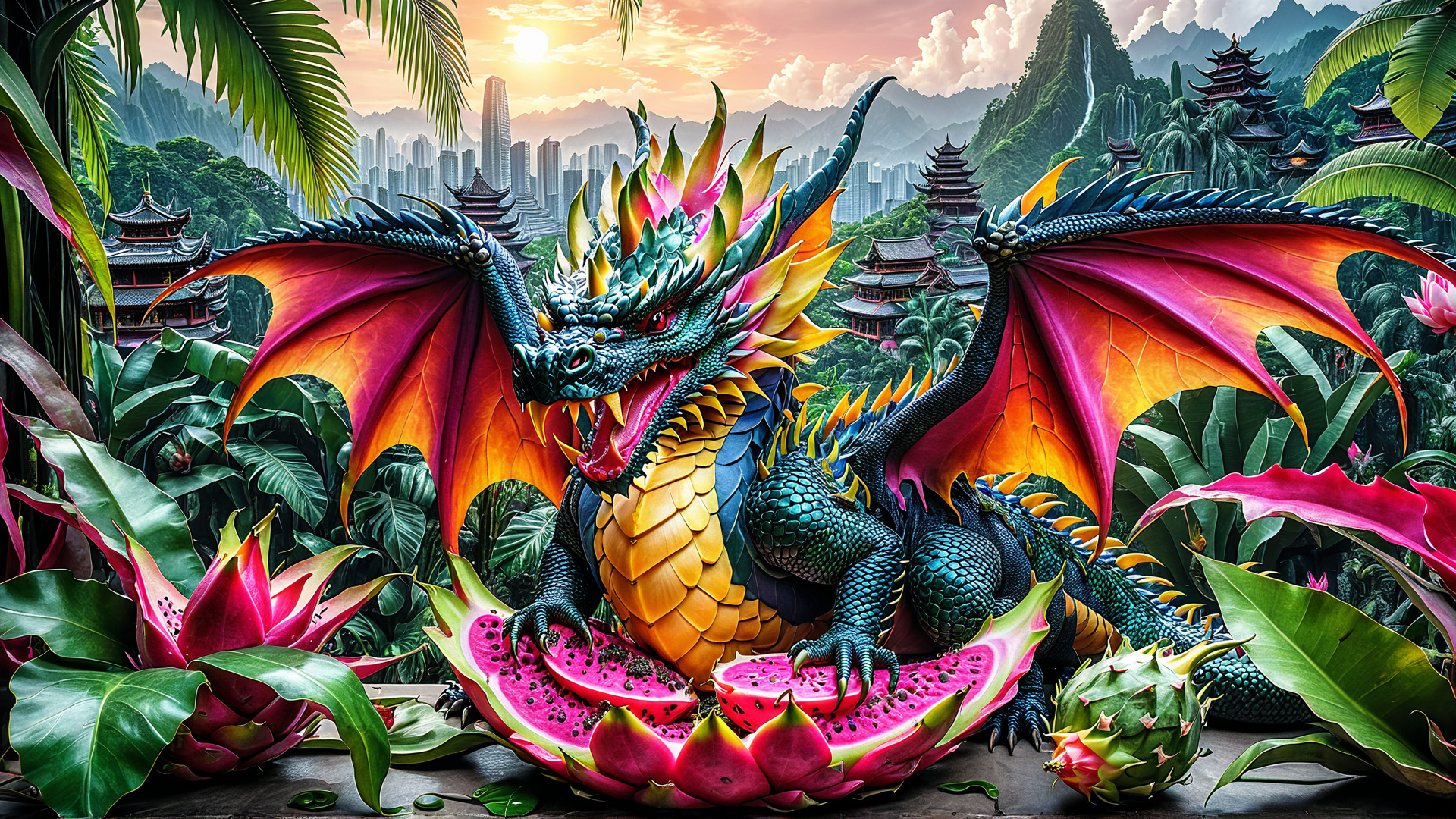 AI generated wallpaper featuring dragon, dragon fruit, lotus