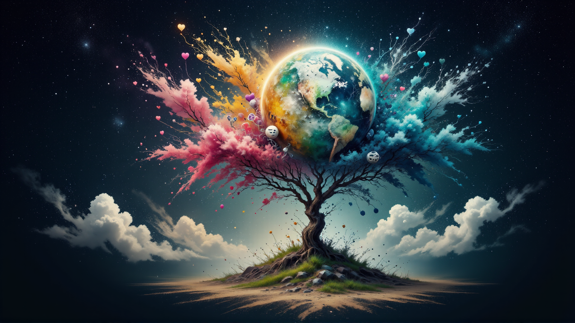 AI generated wallpaper featuring tree, earth, clouds, balloons, stars