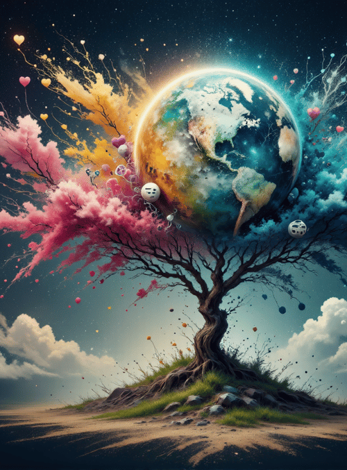 tree, earth, clouds, balloons, stars