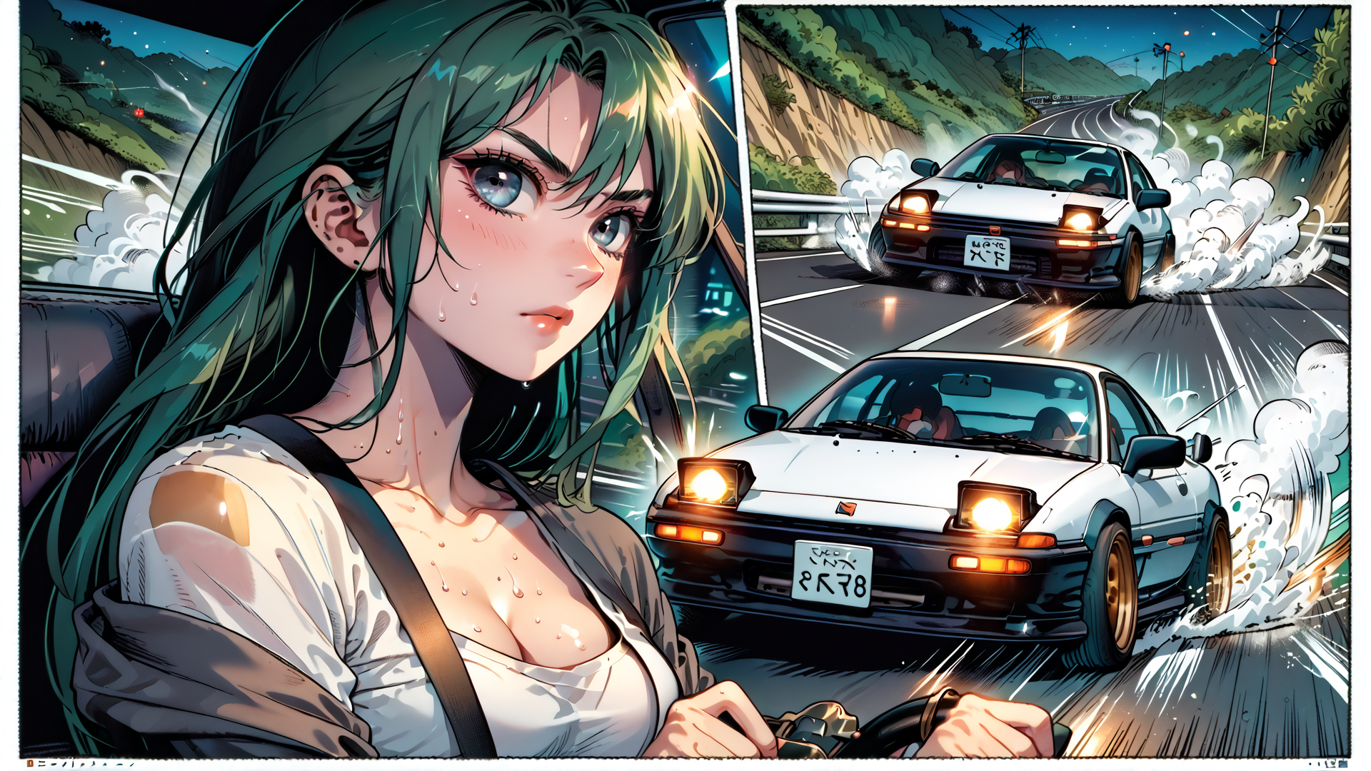 AI generated wallpaper featuring woman, car, road, driving, speed