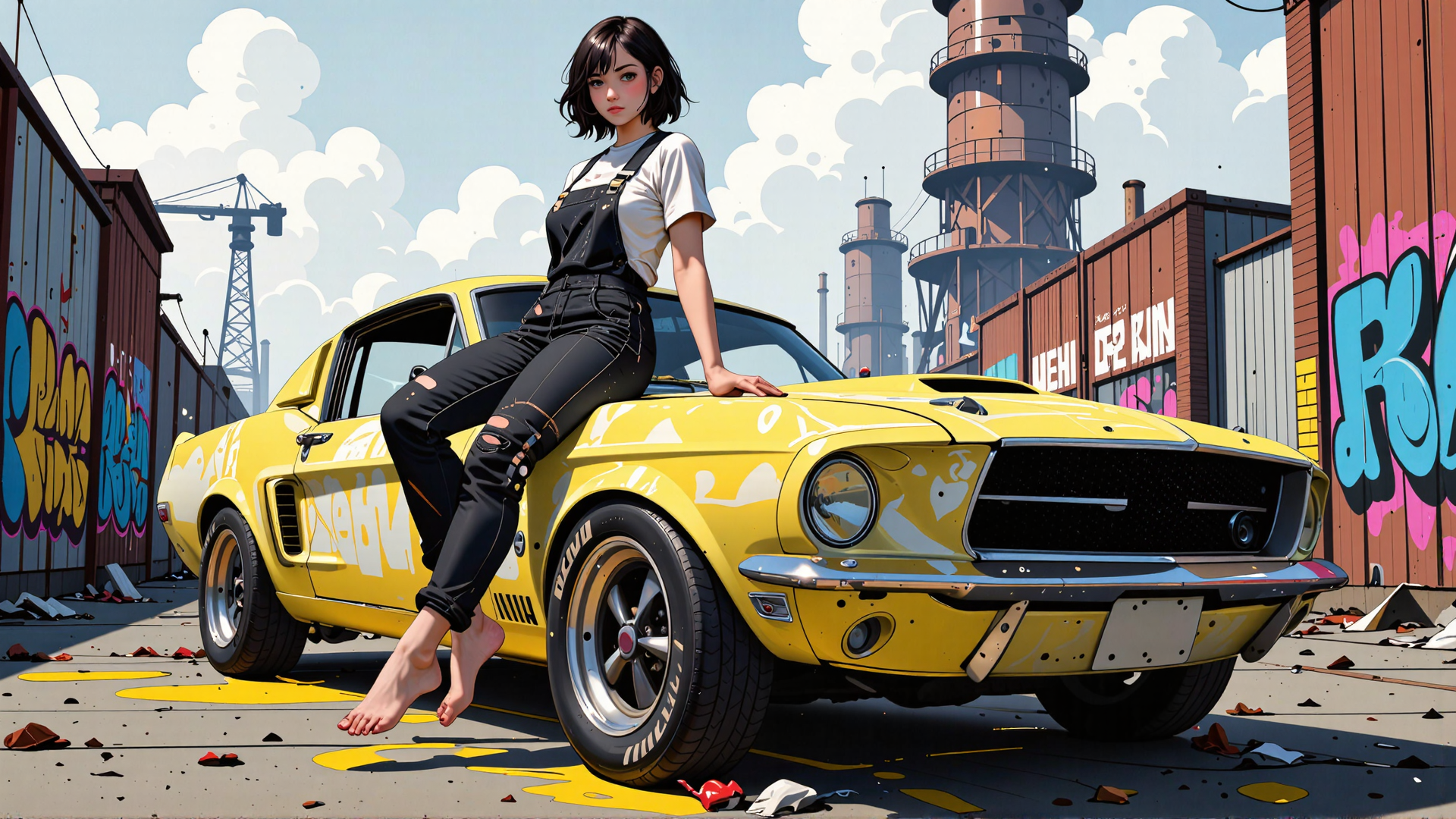AI generated wallpaper featuring girl, car, graffiti, industrial