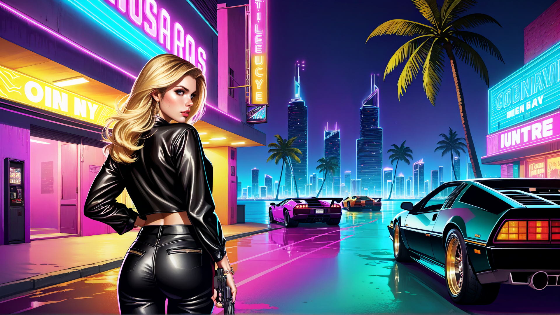 AI generated wallpaper featuring woman, car, city