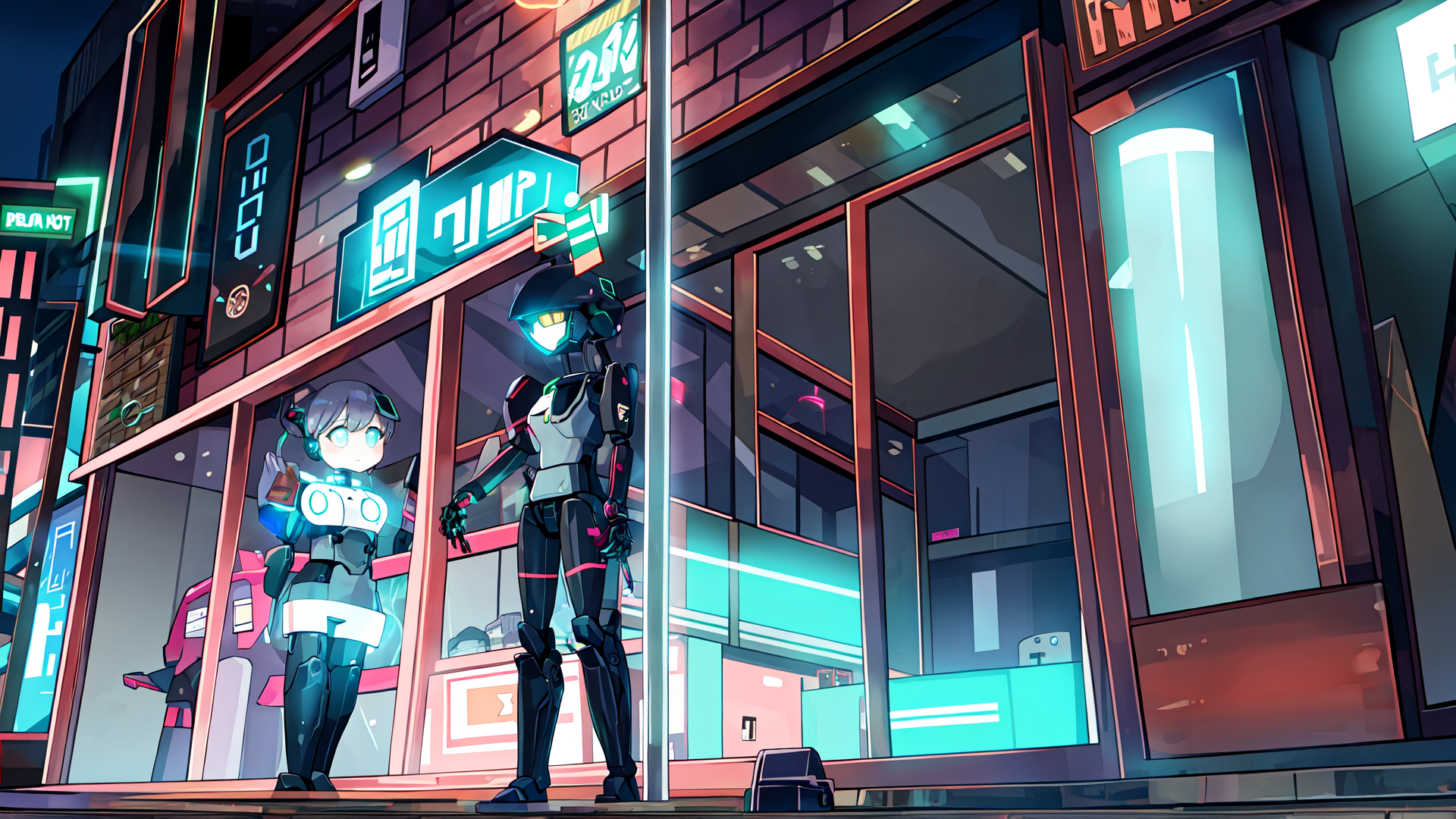 AI generated wallpaper featuring robot, cyborg, cityscape, neon, store