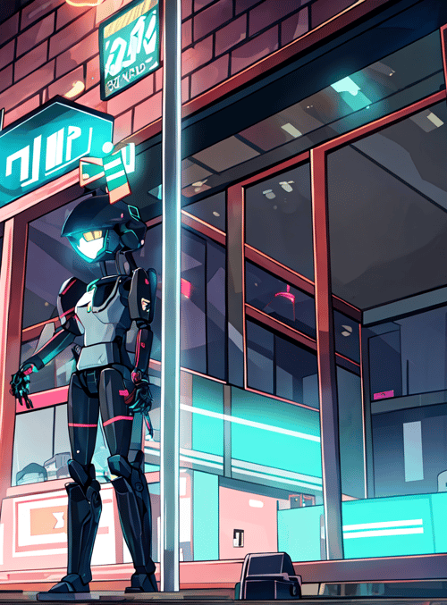 robot, cyborg, cityscape, neon, store