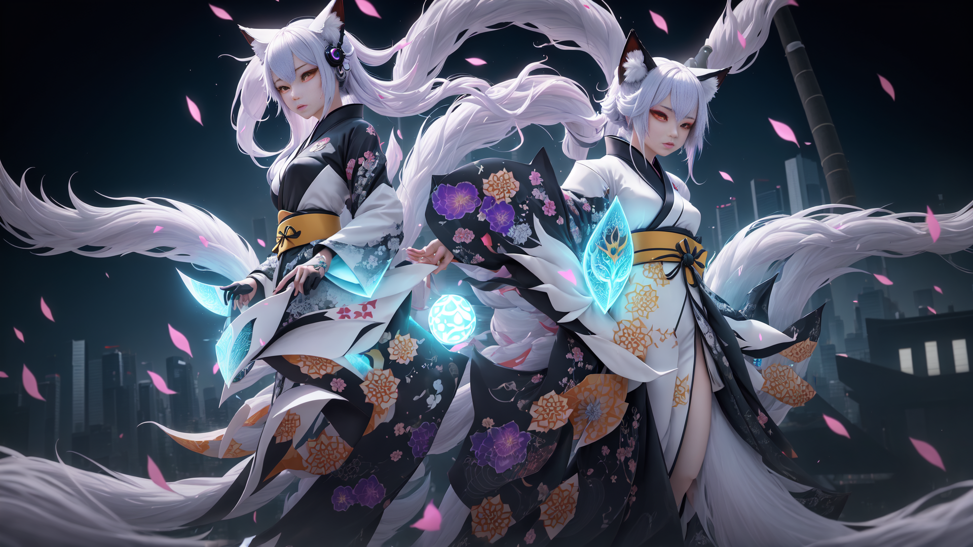 AI generated wallpaper featuring fox ears, kawaii, sakura