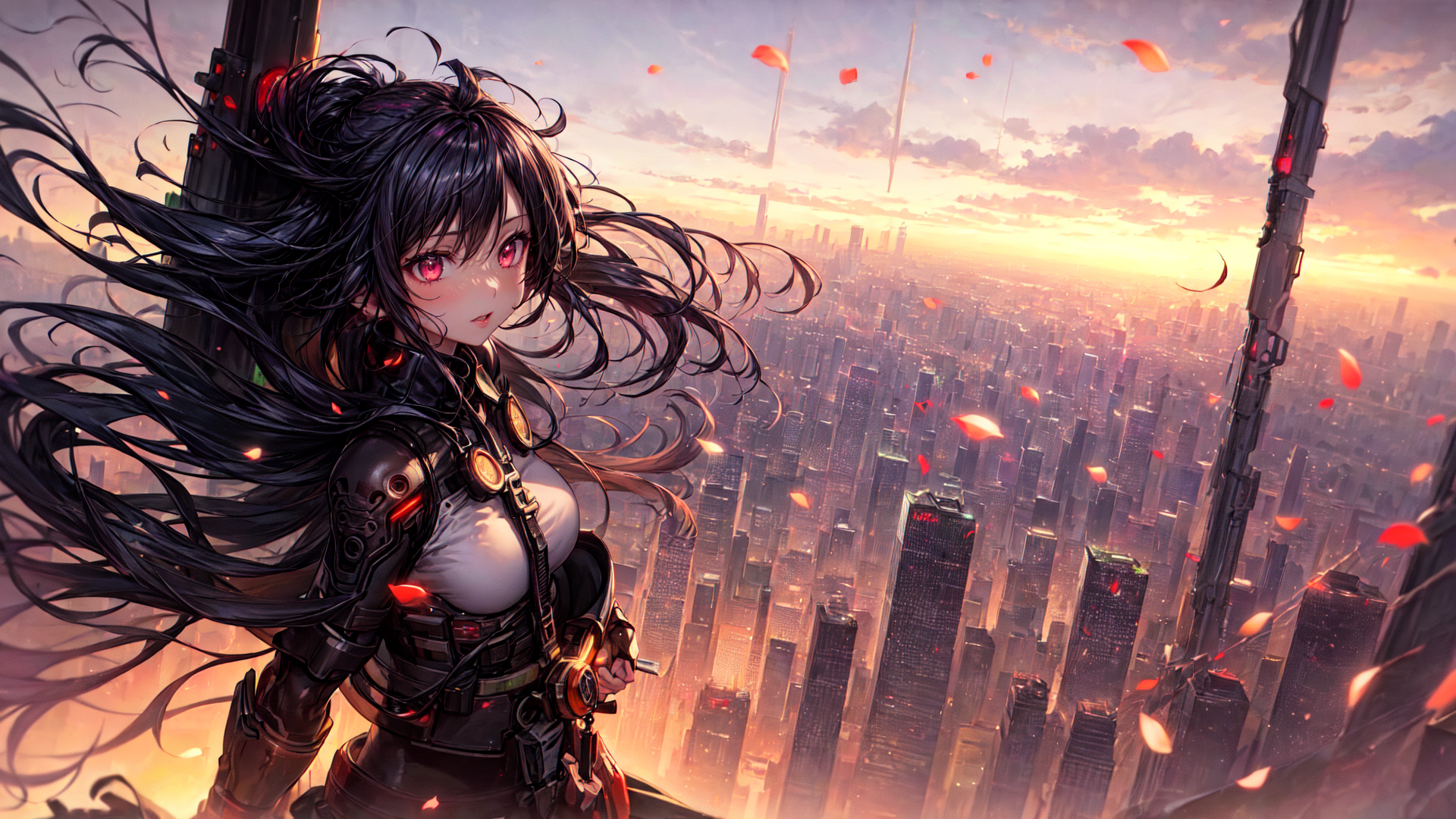 AI generated wallpaper featuring anime girl, cyberpunk city