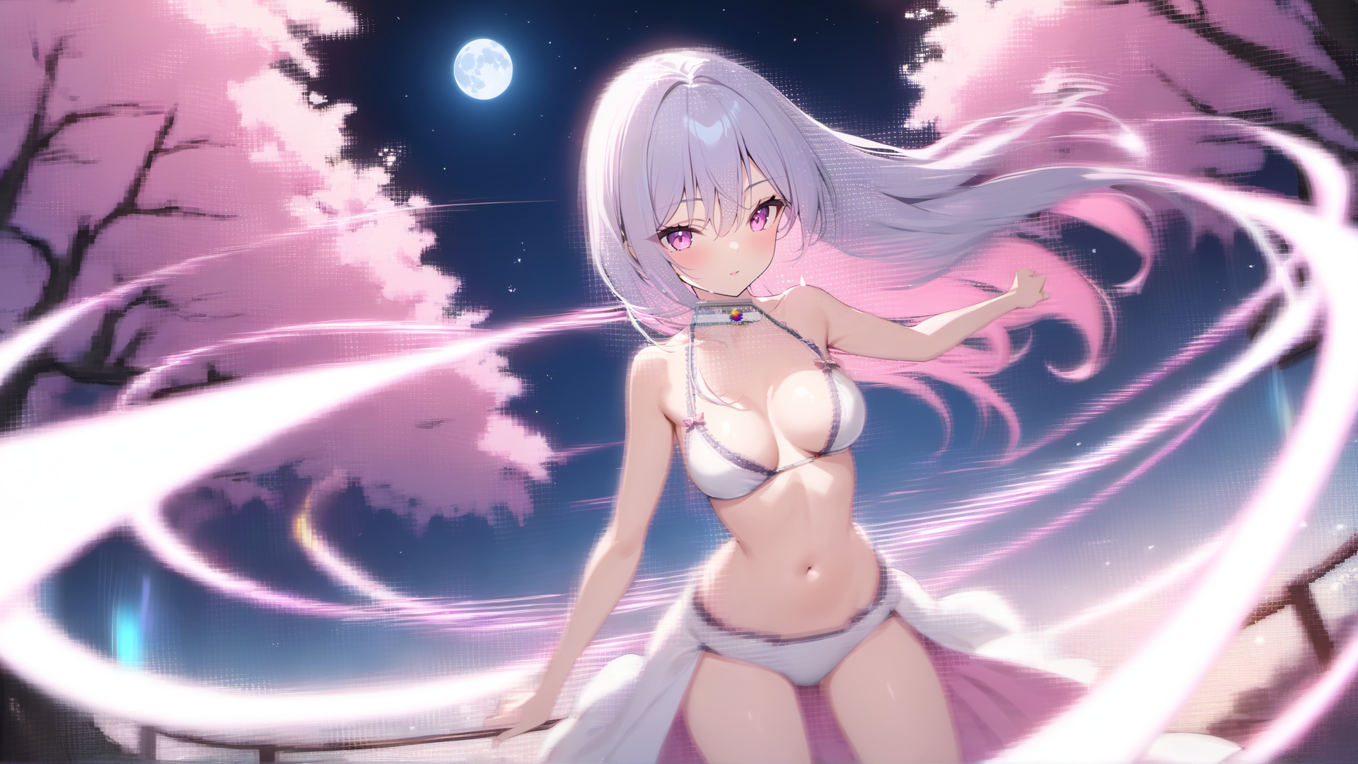 AI generated wallpaper featuring anime girl, cherry blossoms, moon