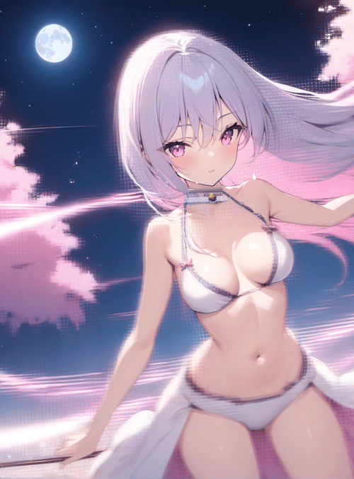 anime girl, cherry blossoms, moon