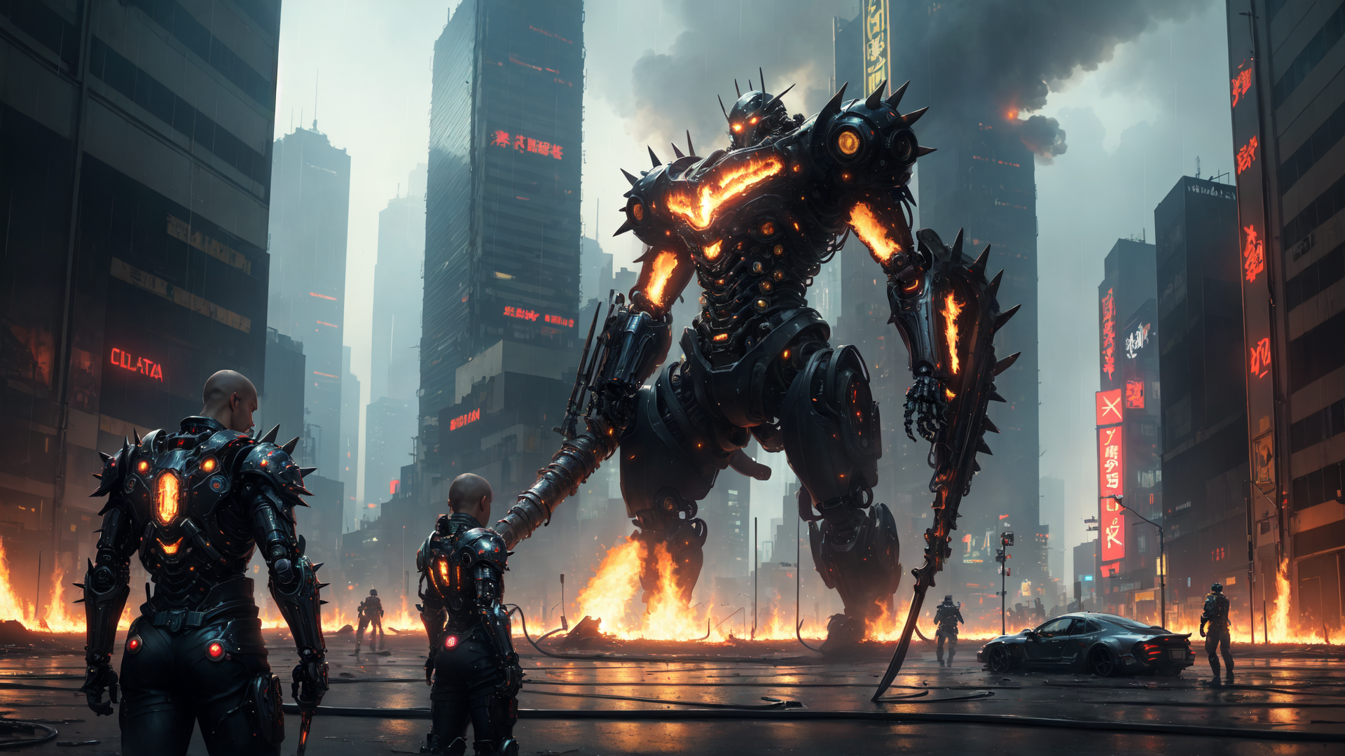 AI generated wallpaper featuring robot, city, fire, soldiers, buildings, armor, swords, cars, smoke, spikes