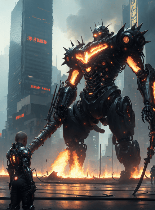 robot, city, fire, soldiers, buildings, armor, swords, cars, smoke, spikes