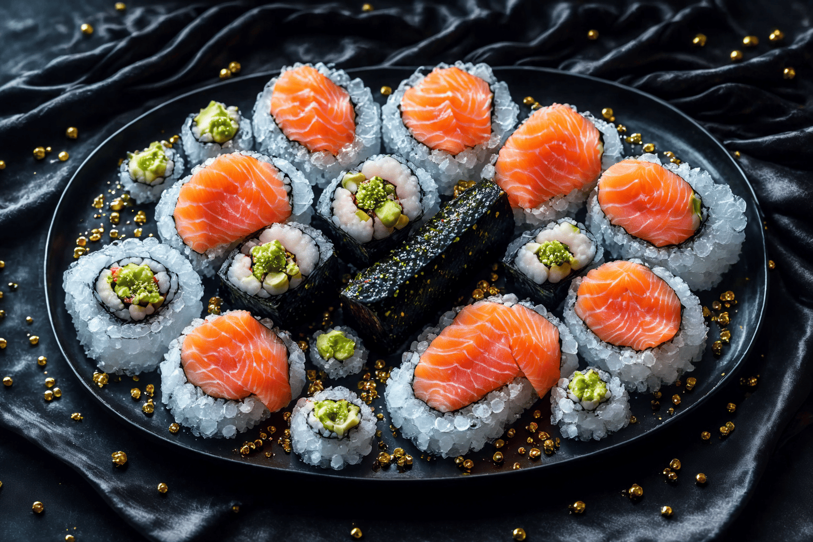 AI generated wallpaper featuring sushi, salmon, avocado