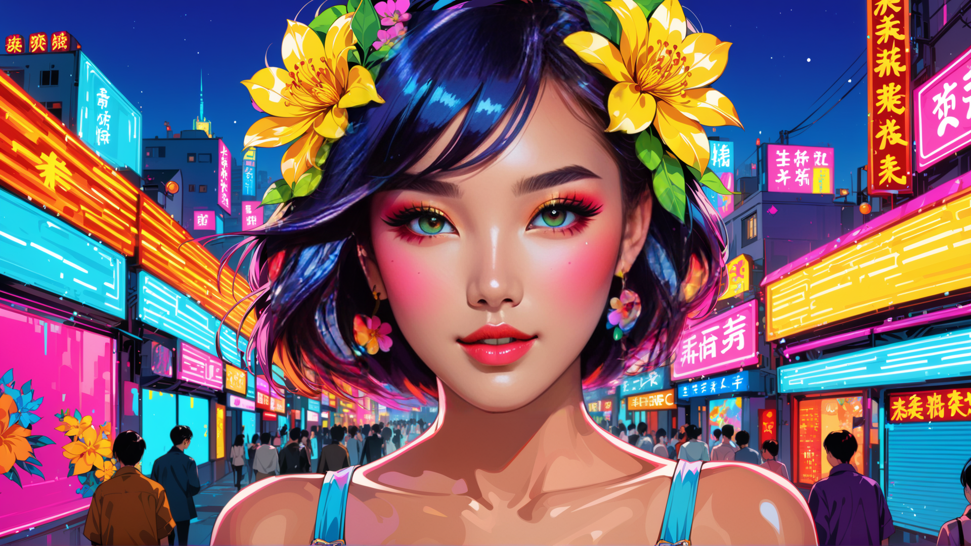 AI generated wallpaper featuring woman, cityscape, neon